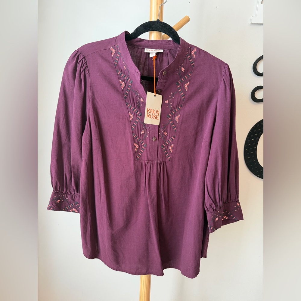 Knox Rose Boho Peasant Top NEW Embroidered Purple Blouse Women’s Size Medium